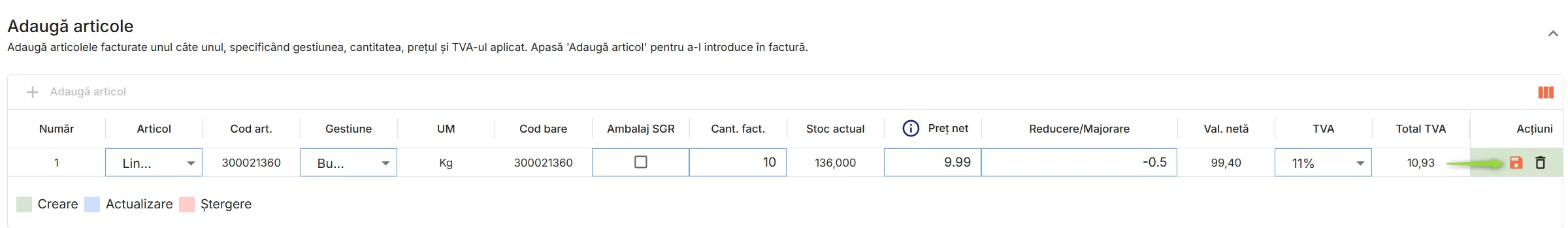 Sistemul afișează articolul în tabel Sistemul afișează articolul în tabel