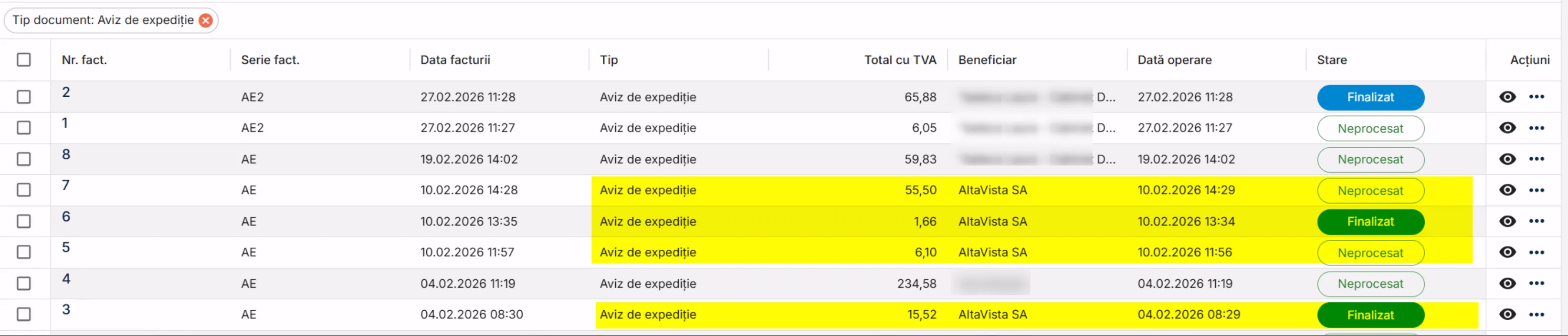 Avize de expediție în starea Neprocesat sau Finalizat Avize de expediție în starea Neprocesat sau Finalizat