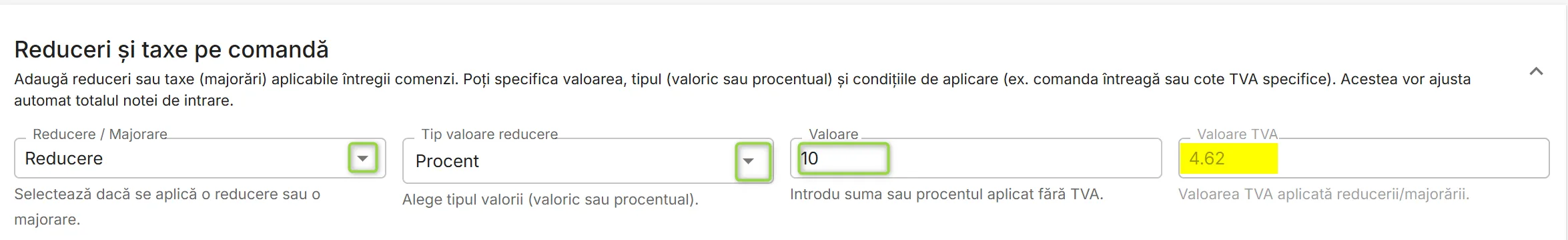 Reduceri și taxe pe comandă