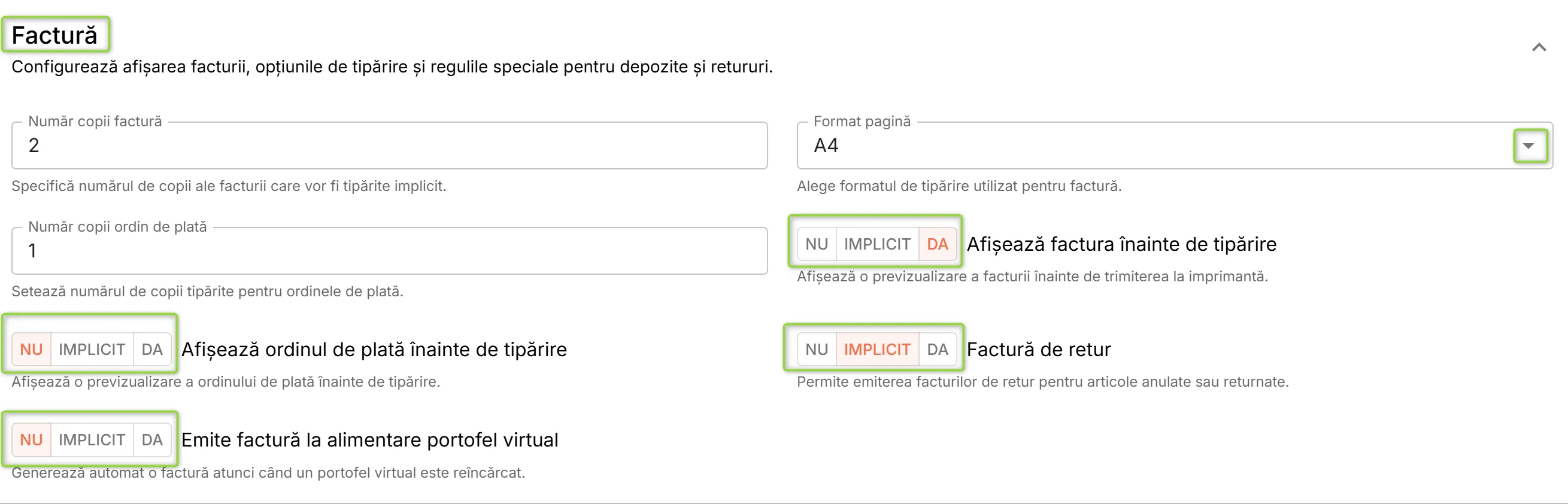 Secțiunea Factură