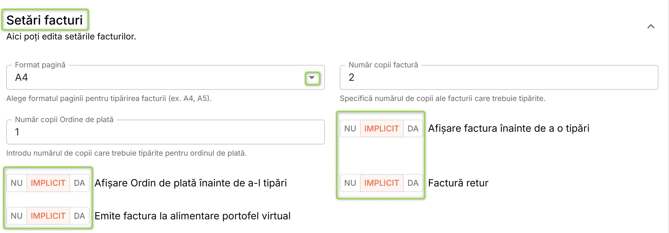 Secțiunea Setări facturi