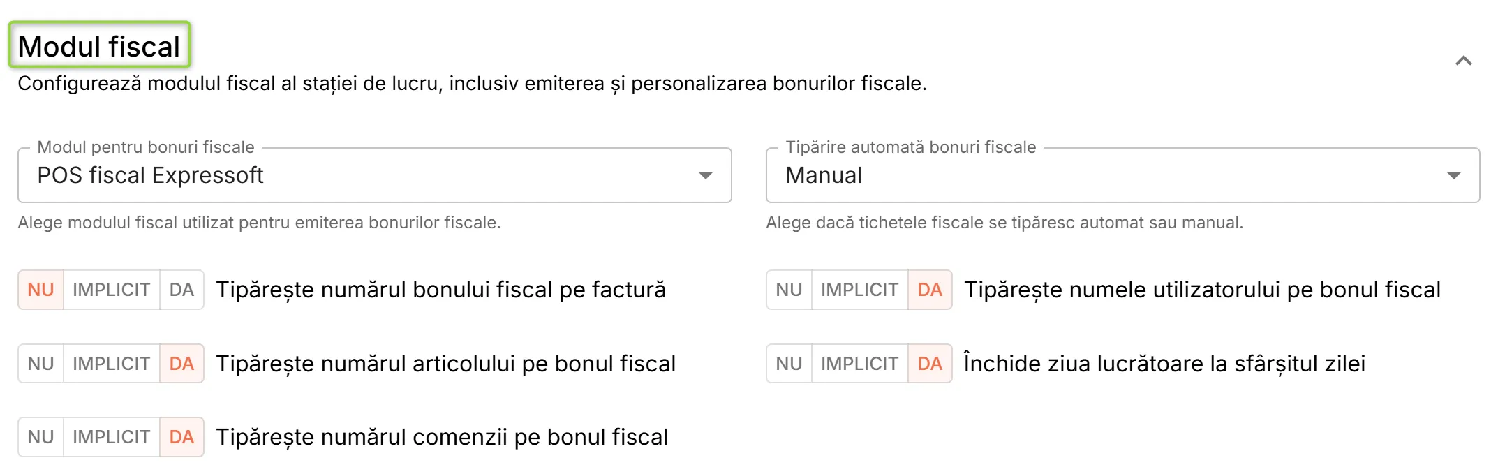 Secțiunea Modul fiscal