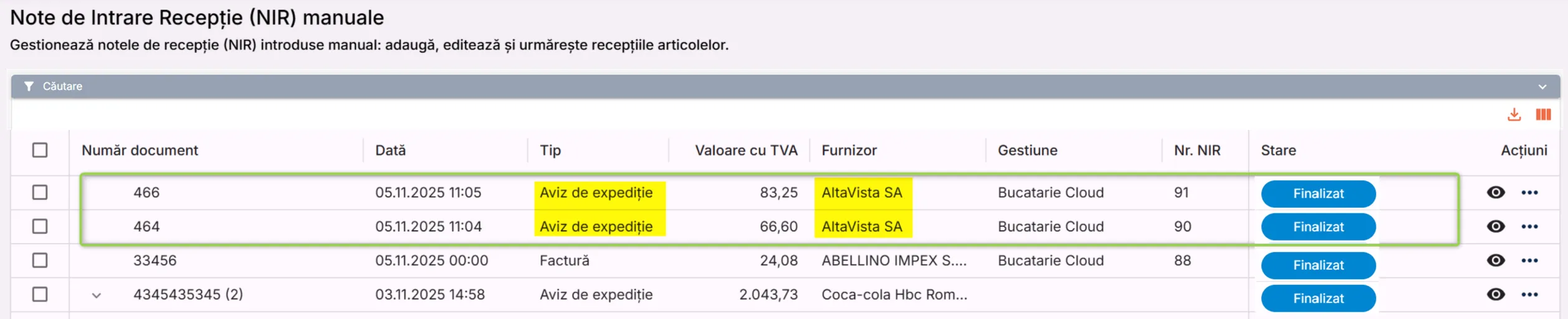 NIR-uri finalizate cu Tip document = Aviz de expediție