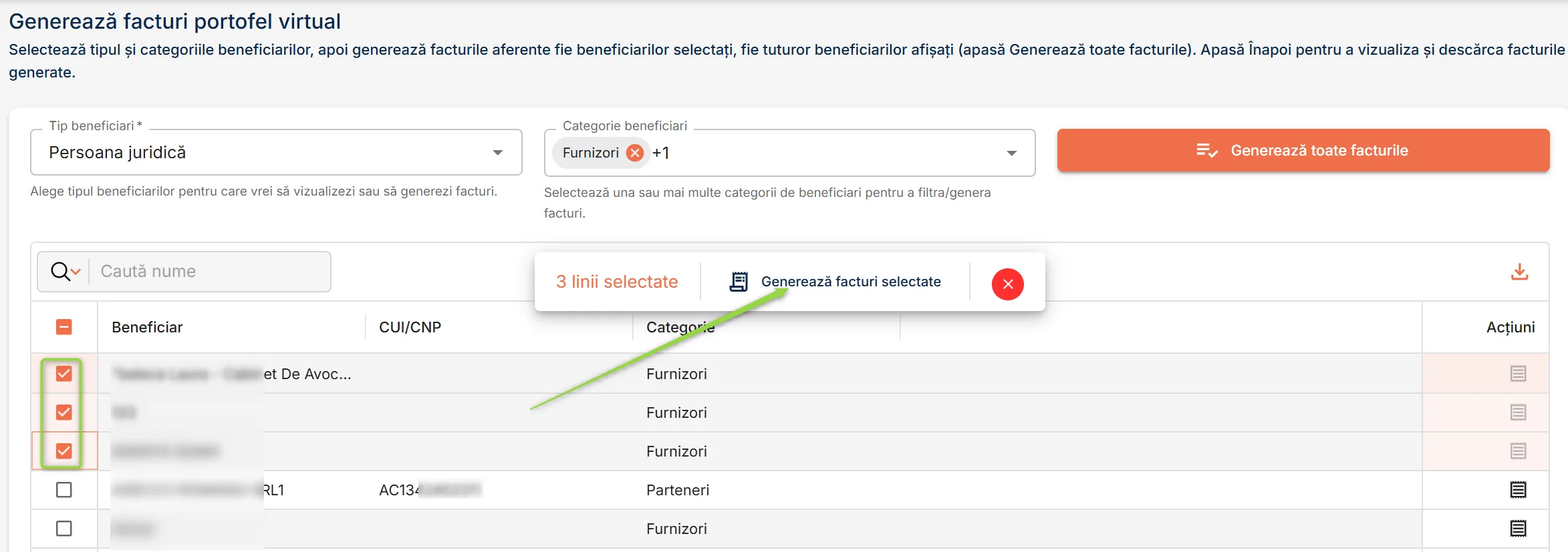 Generează facturi multiple