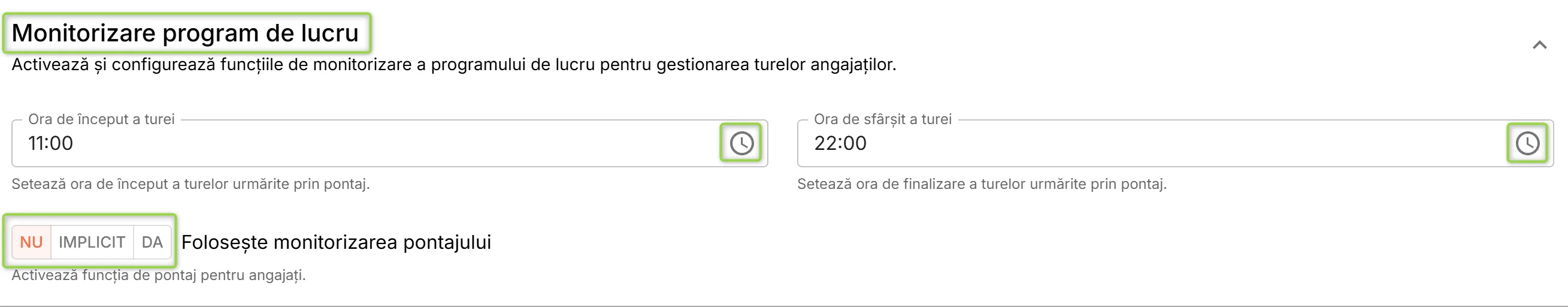 Secțiunea Monitorizare program de lucru