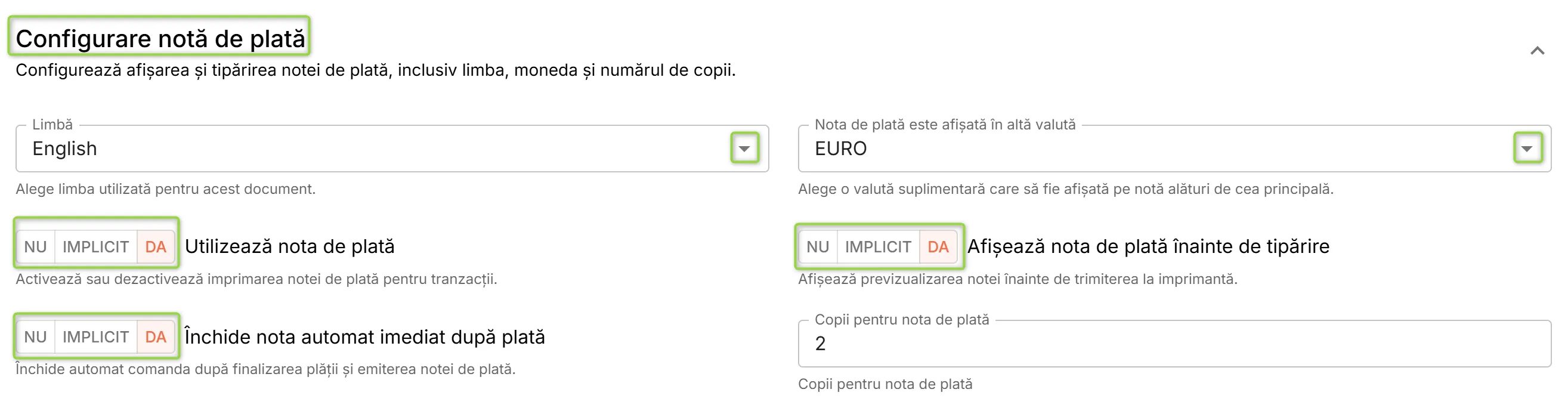 Secțiunea Configurare notă de plată