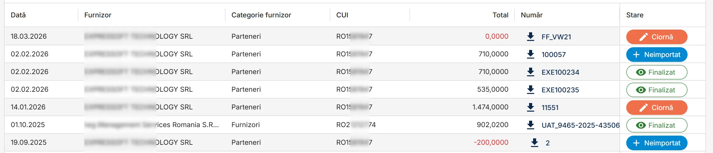 Listă facturi din eFactura cu NIR-urile corespondente