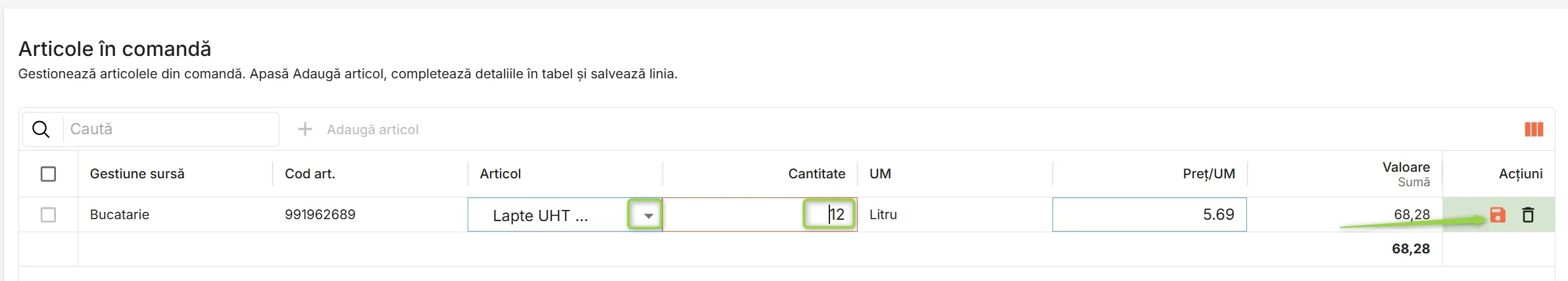 Alege articolul și scrie cantitatea comandată