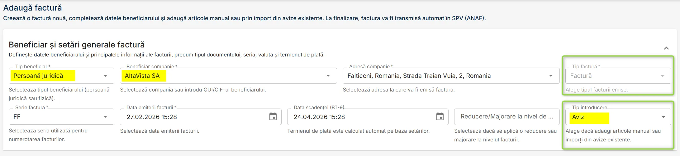 Factură cu tip de introducere Aviz Factură cu tip de introducere Aviz