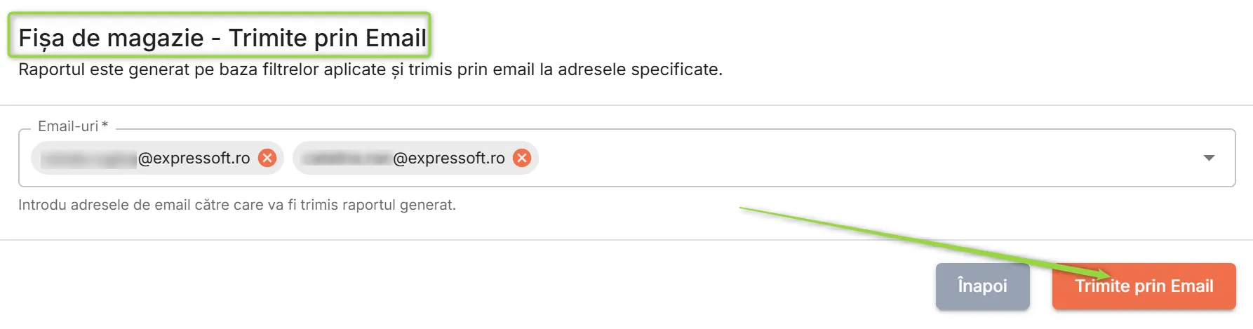 Fereastra Fișa de magazie - Trimite prin email