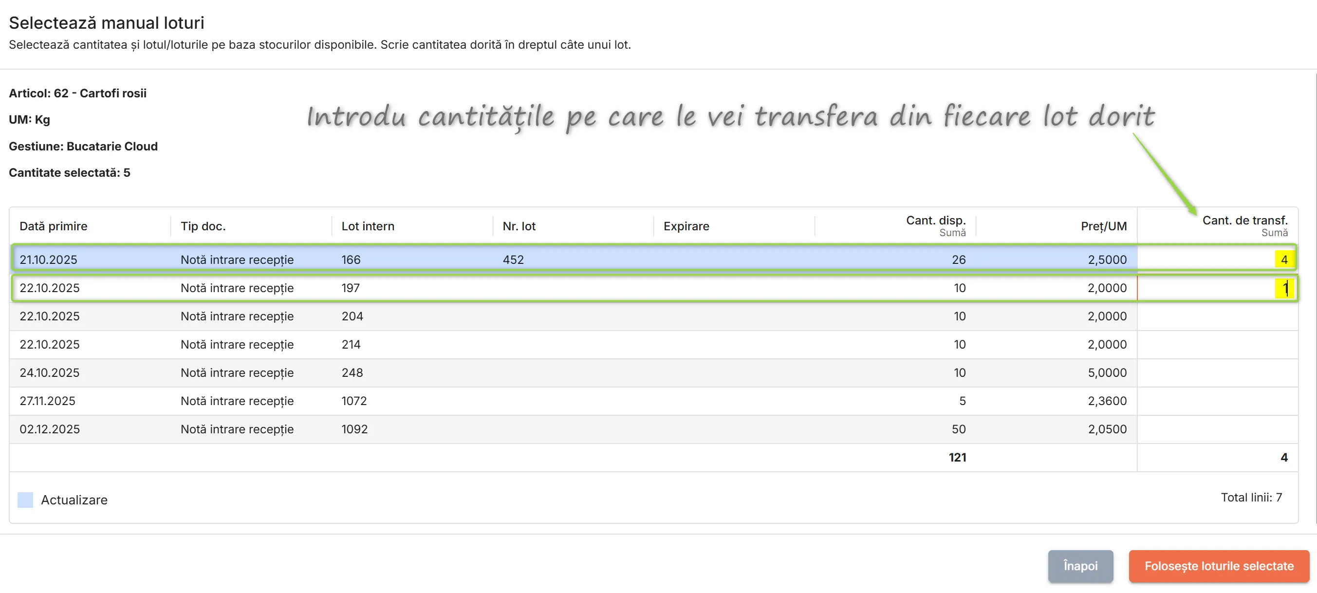 Alege câte un lot și introdu cantitatea transferată