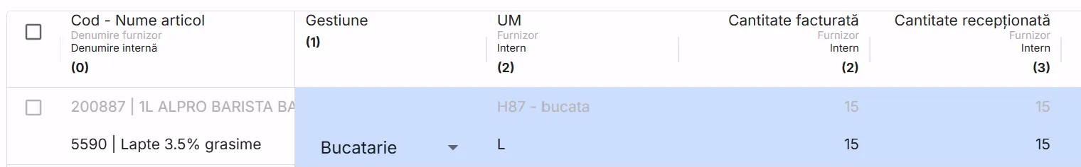 Cod și nume articol, gestiune, cantitate facturată și recepționată, UM, la furnizor și intern