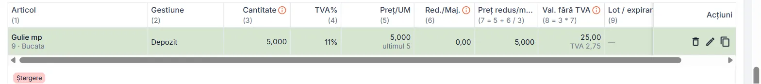 Linie nouă adăugată, evidențiată în tabel