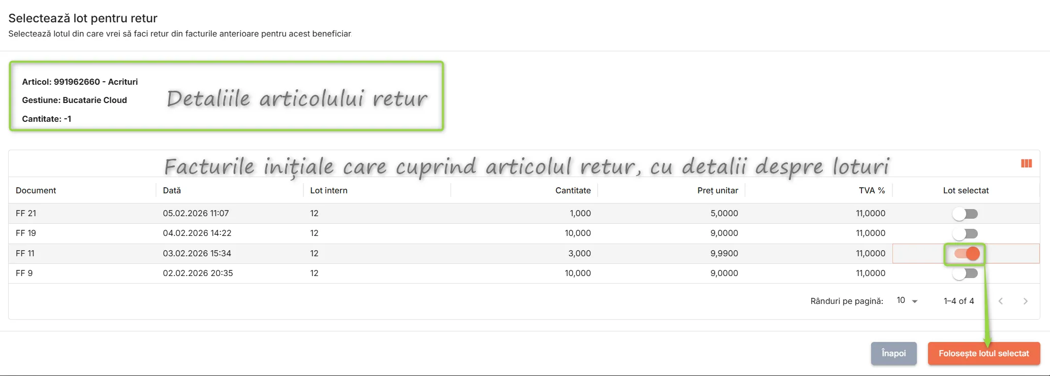 Selectează factura cu lotul pentru care operezi returul de articol Selectează factura cu lotul pentru care operezi returul de articol