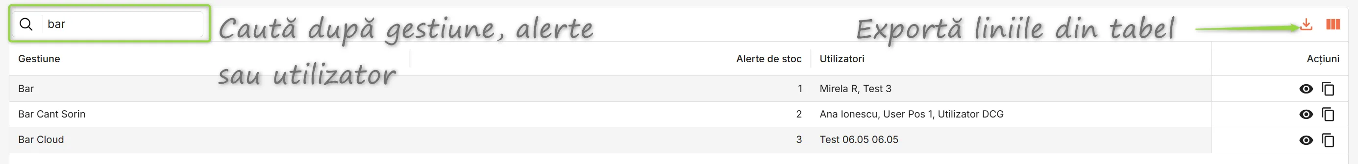 Caută setări existente de alerte de stoc