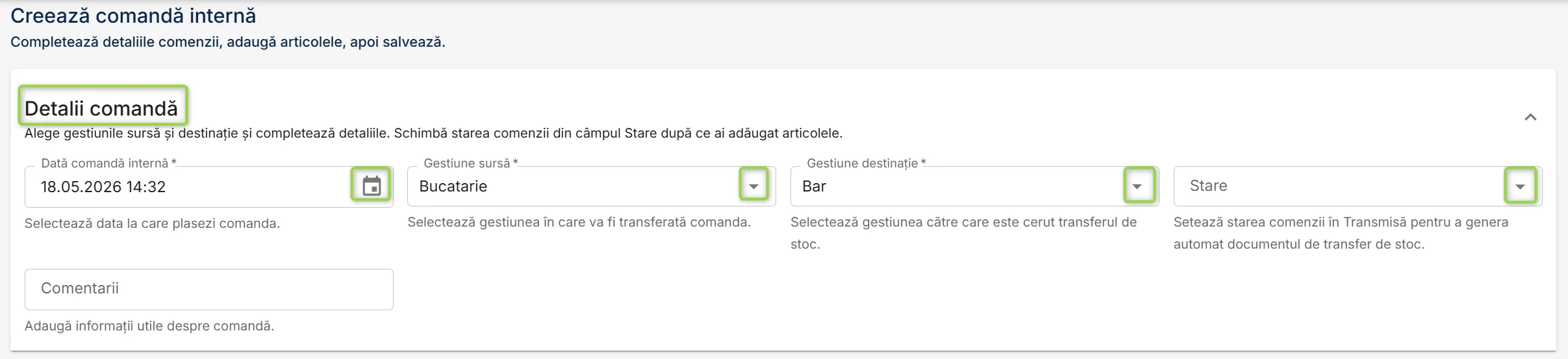Secțiunea Detalii comandă