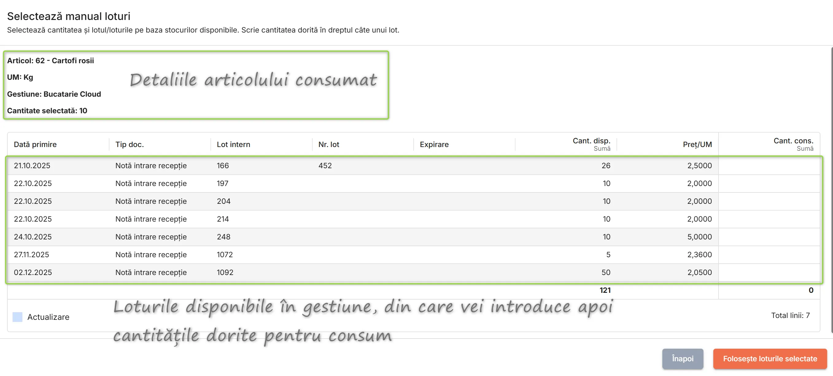 Fereastra Selectează manual loturi