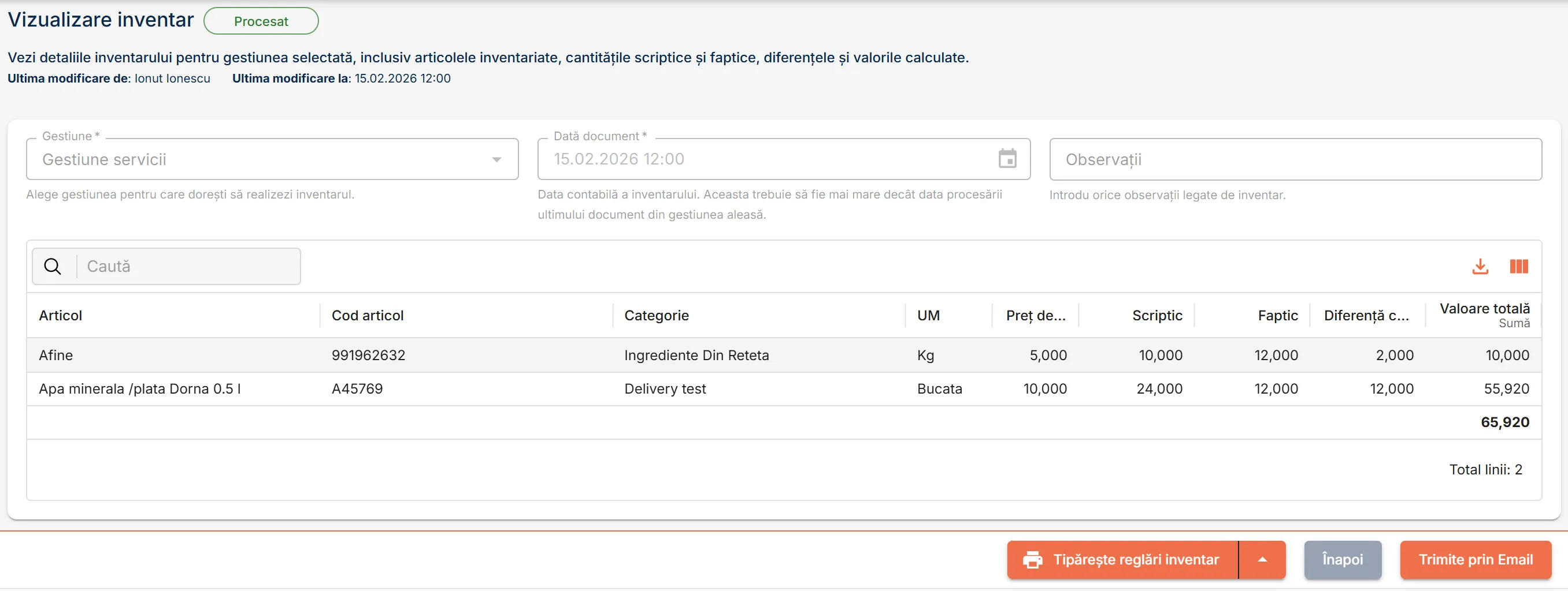 Pagina de vizualizare a unui inventar finalizat Pagina de vizualizare a unui inventar finalizat
