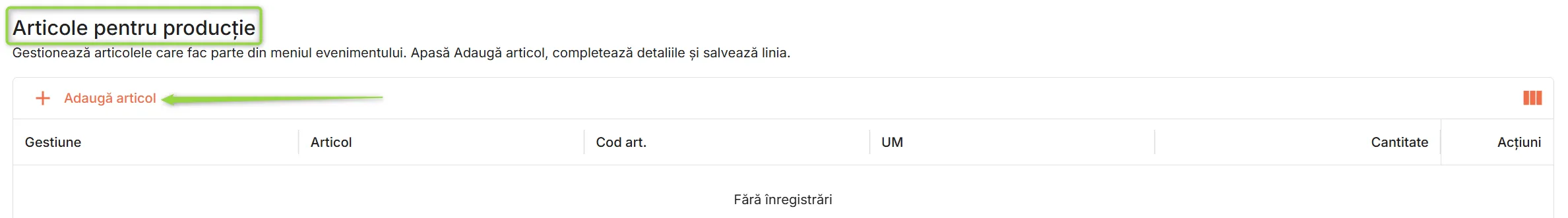 Secțiunea Adaugă articole
