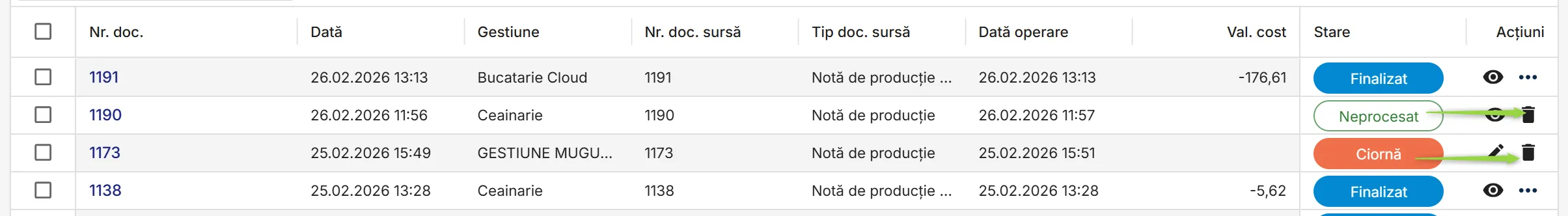 Șterge un document în starea Ciornă sau Neprocesat