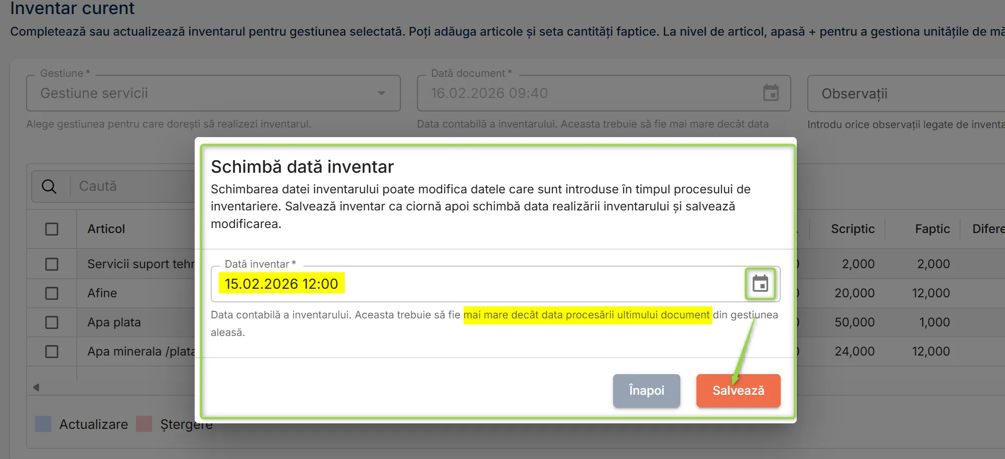 Fereastra Schimbă dată inventar Fereastra Schimbă dată inventar
