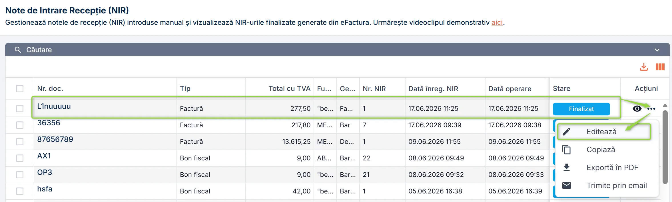 Editează un NIR finalizat