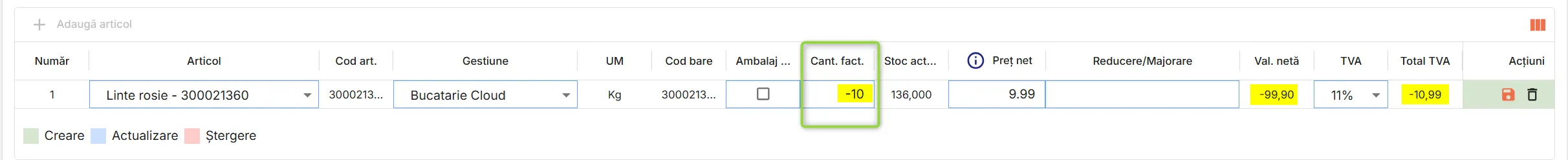 Articol de returnat (cu cantitate negativă) Articol de returnat (cu cantitate negativă)