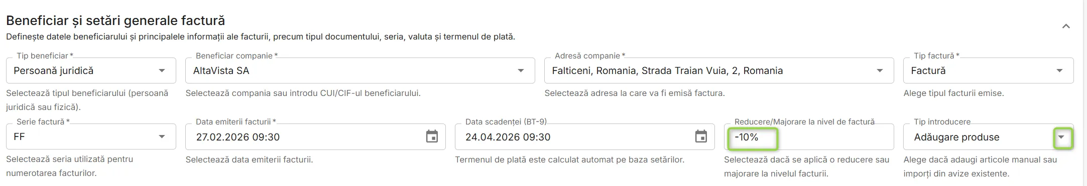 Exemplu de reducere de 10% aplicată pe totalul documentului Exemplu de reducere de 10% aplicată pe totalul documentului