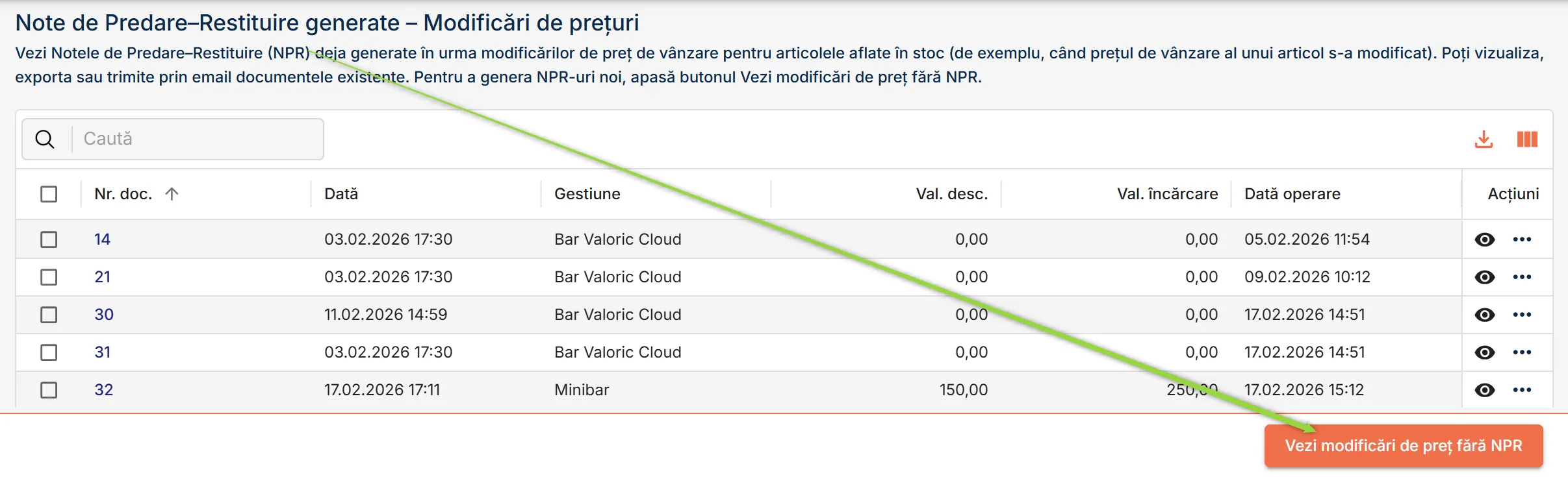 Apasă butonul Vezi modificări de preț fără NPR