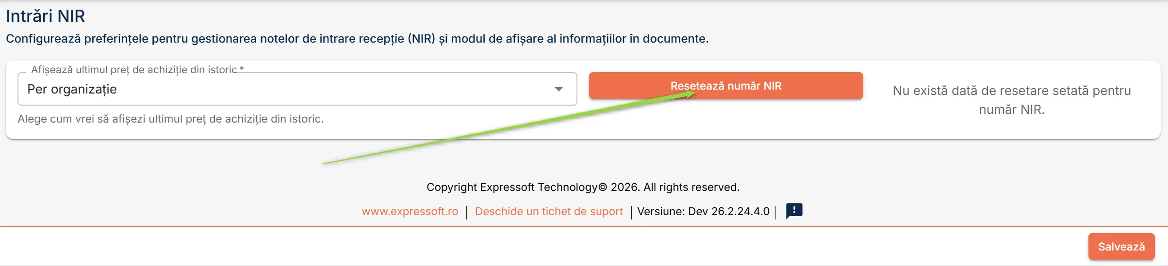 Apasă butonul Resetează număr NIR