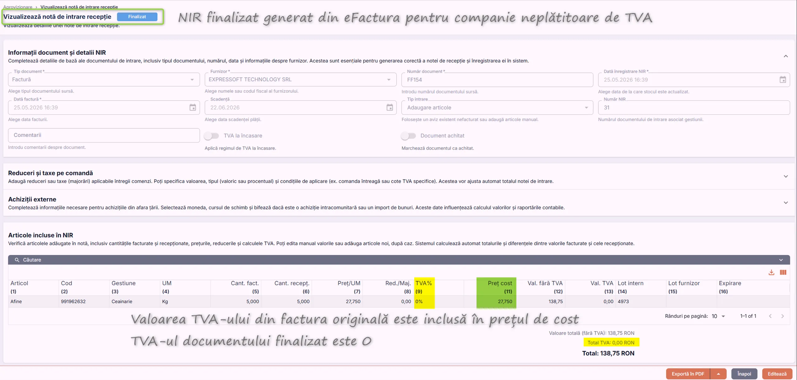NIR finalizat pentru companie Neplătitoare de TVA