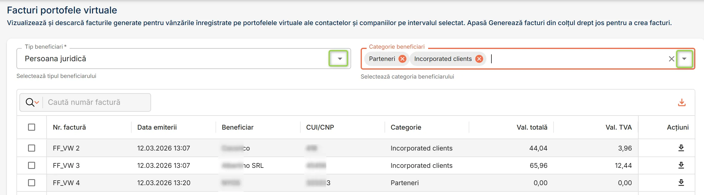 Filtrare după tip și categorii beneficiar