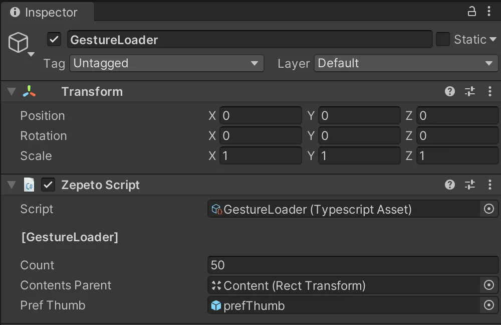 Exemple de l'écran de configuration du script de geste