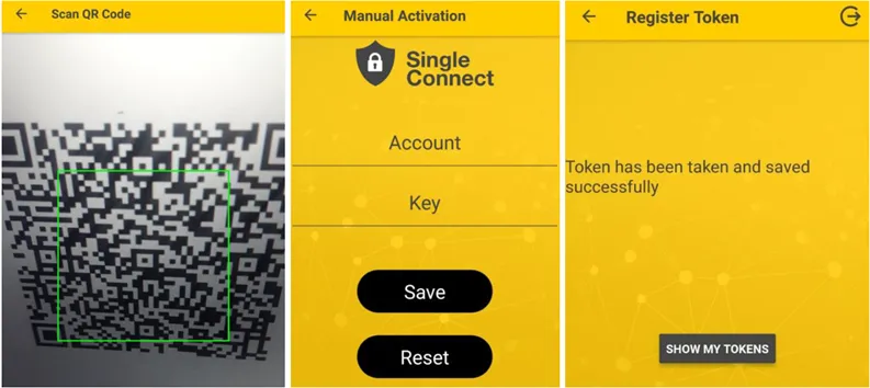 a) Scan QR Code, b) Enter Manually, c) Register Token