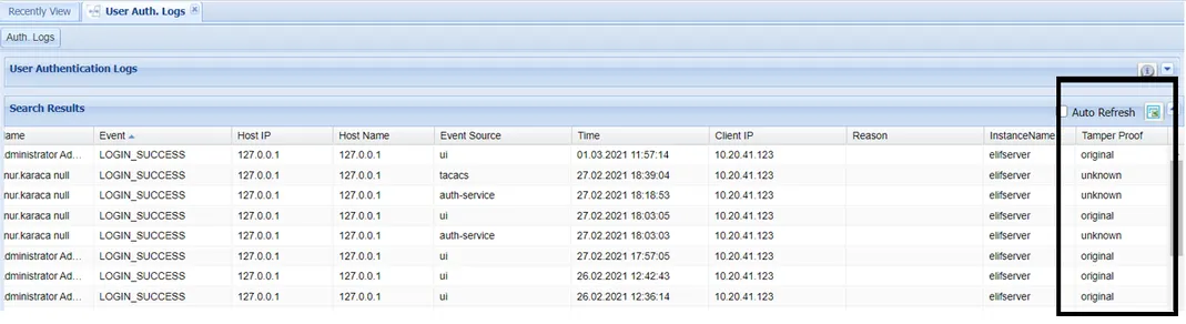 User Auth Logs Screen with Show Tamper Proof Filter