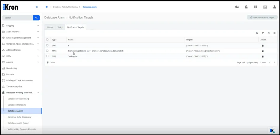 Notification Targets Tab Notification Targets Tab
