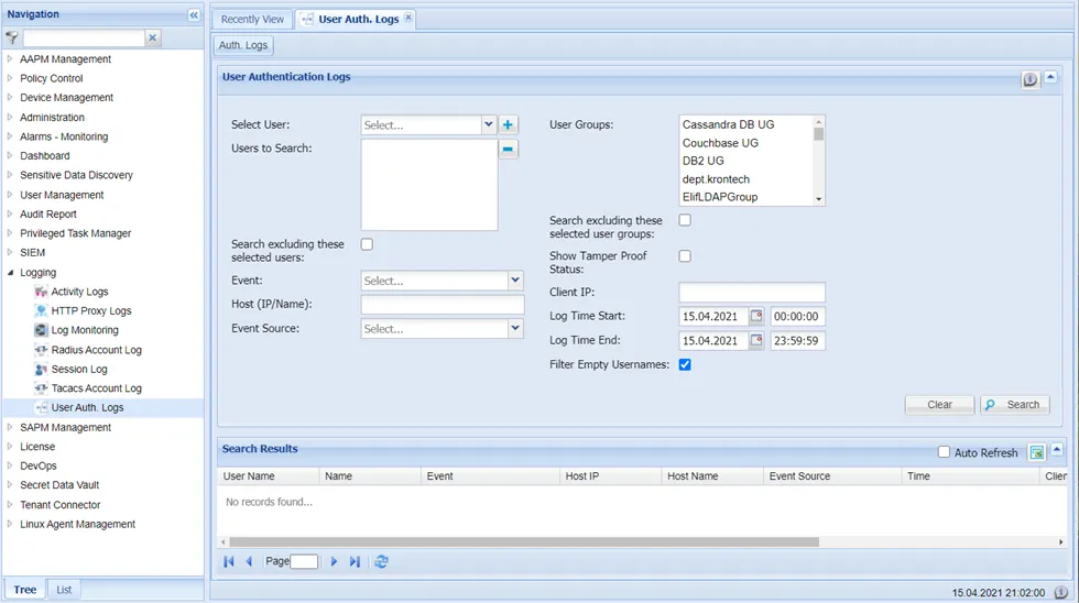 User Auth Logs Section with applied Show Tamper Proof Filter 