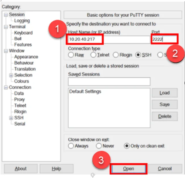 Enter Single Connect IP address and port 2222 to Putty