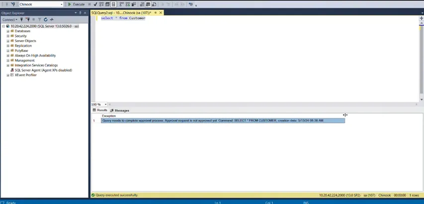 Blocked query attempting to retrieve customer table data.