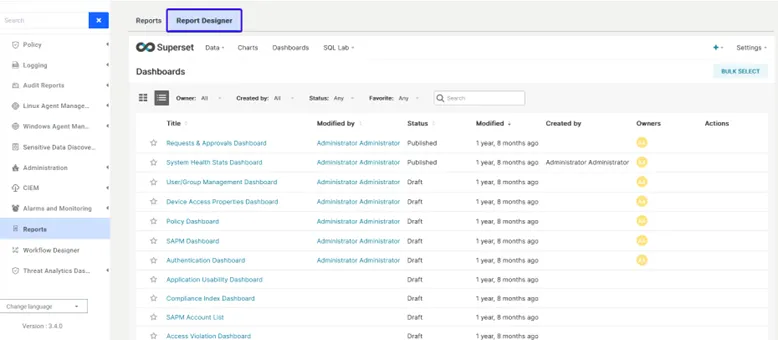 Report Designer Tab of the Reports Screen (accessible to the Admin user) Report Designer Tab of the Reports Screen (accessible to the Admin user)