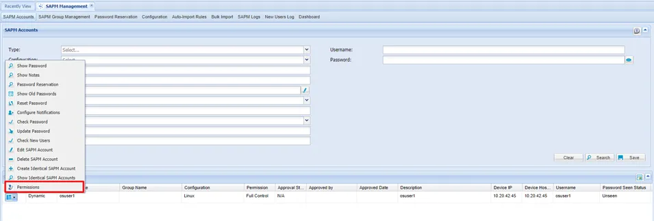 Permissions option for an SAPM Account