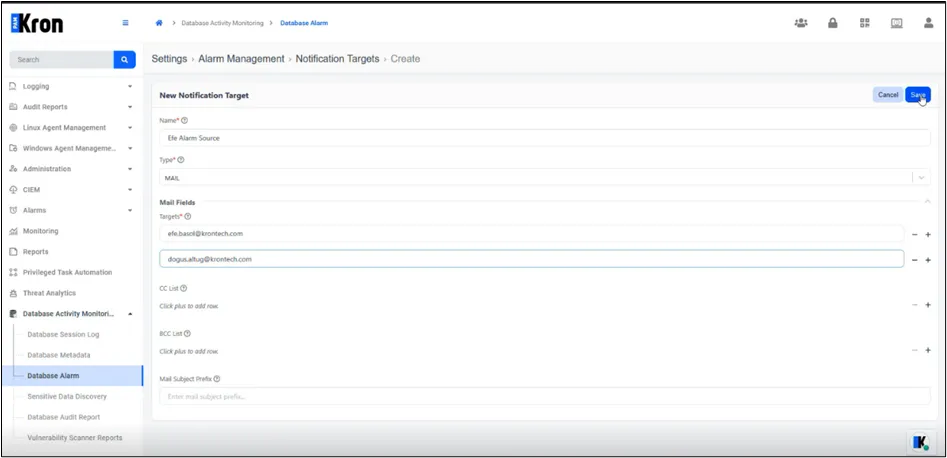 Create Notification Target Form Create Notification Target Form
