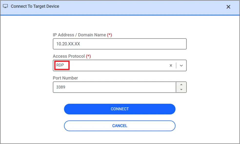 Connect to Target Device Screen Connect to Target Device Screen