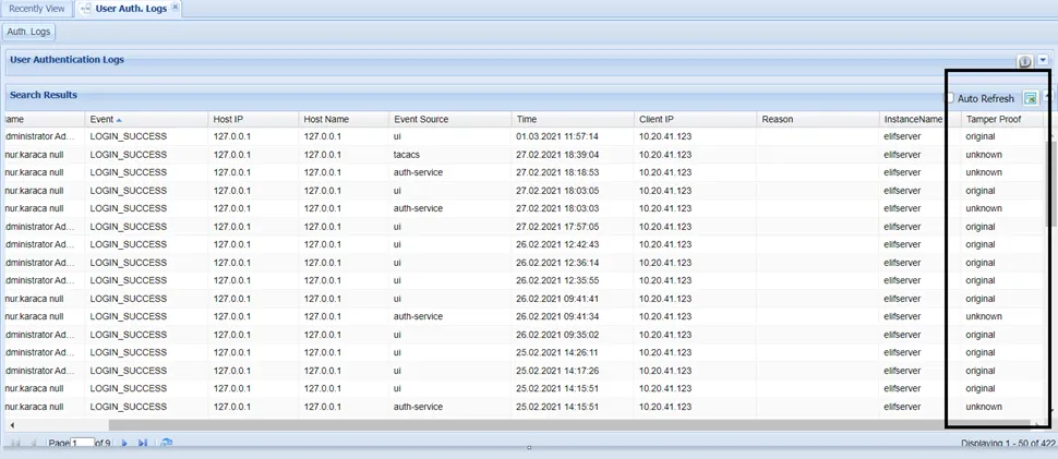 User Auth Logs Search List with applied Show Tamper Proof Filter