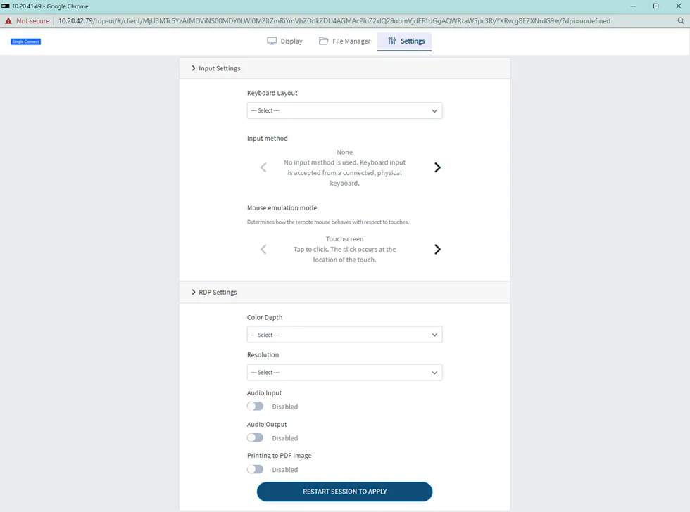 Settings tab in RDP Session Settings tab in RDP Session