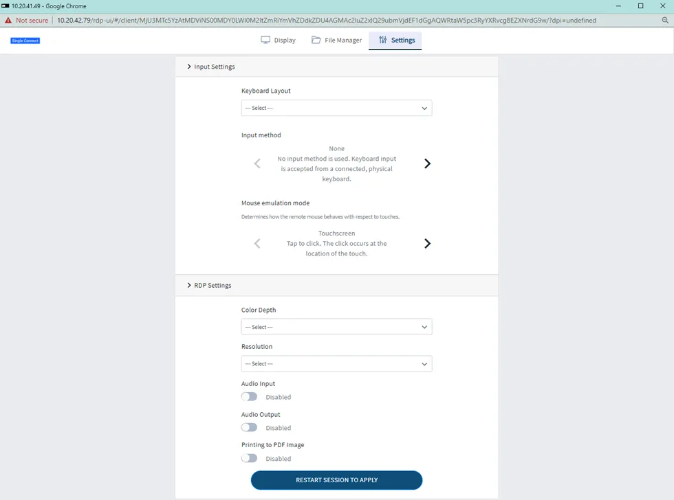 Settings tab in RDP Session