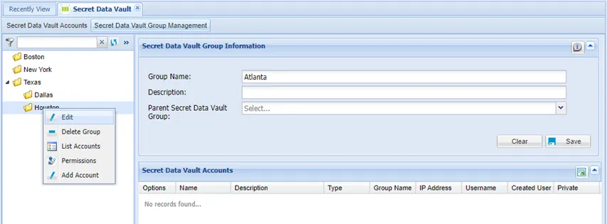 Secret Data Vault Group right-click menu