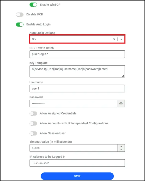 Auto Login Parameters Window for OCR Auto Login Parameters Window for OCR