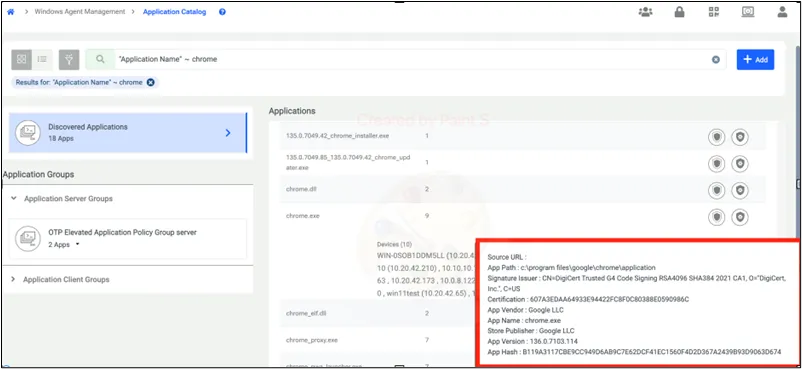 Metadata of the application