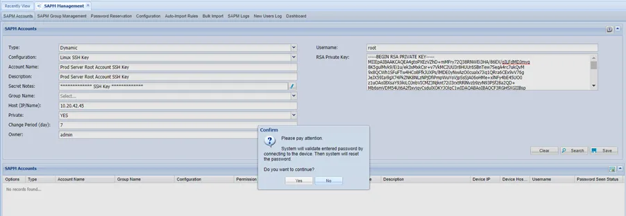 SSH Key defining in the SAPM Accounts page